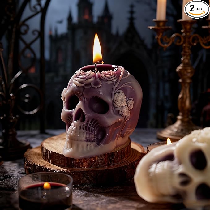Sungmor Purple Skull Shaped Candles - Halloween Decor, Day of The Dead Gifts, Gothic Home Decor Candles, Unique Scented Candle for Spooky Ambiance, Set of 2, 100% Natural Soy Wax Decorative Candle
