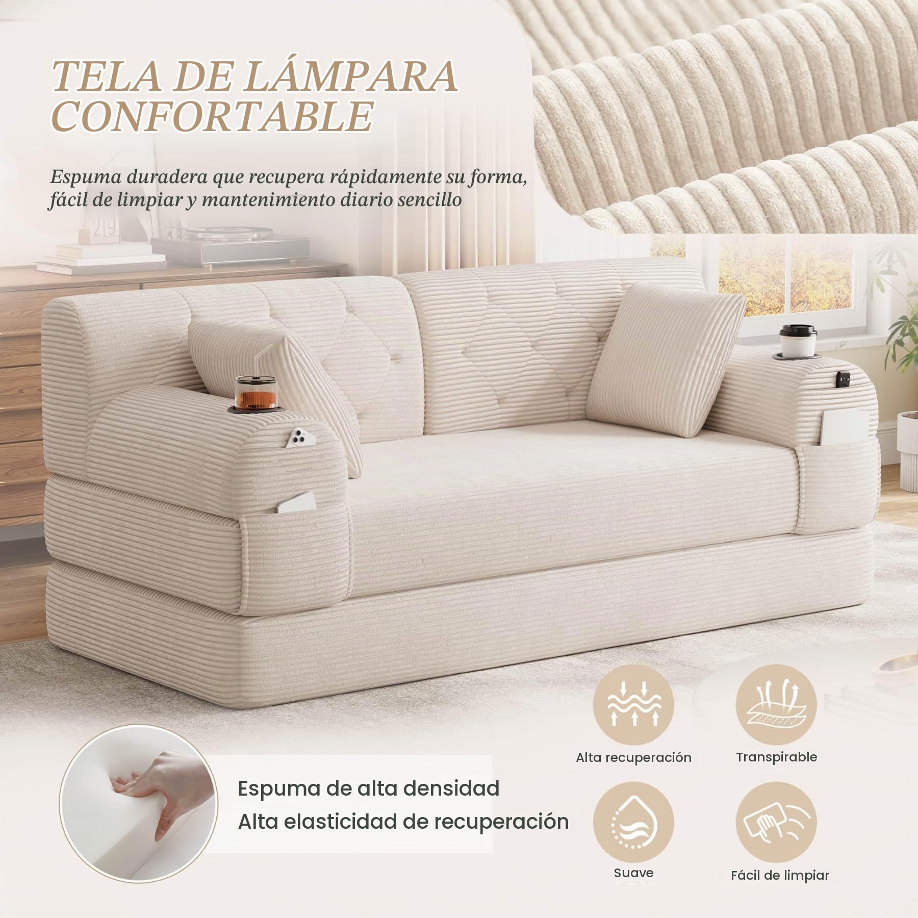 YEHTOKHOME - Sofá de Velor acanalado con respaldo alto y estructura metálica, sofá moderno de 2 plazas con 2 portavasos y 4 bolsillos laterales, para salón, dormitorio (Beige)