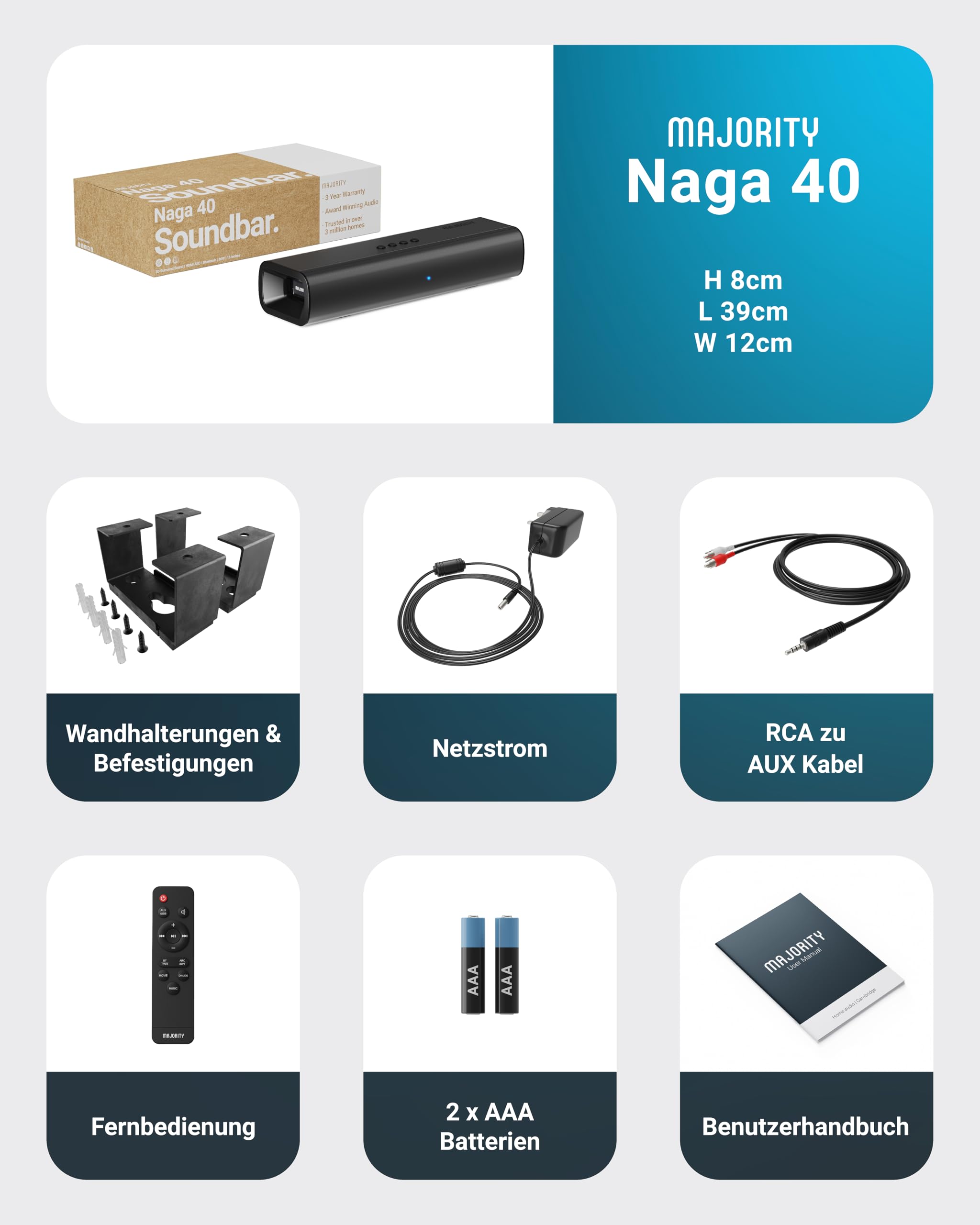 MAJORITY Naga 40 Soundbar für TV Geräte | Bluetooth Soundbar PC | 80W 2.0 Lautsprecher für Fernseher HDMI ARC | 40cm Wandmontierbar Mini Sound Bar Klein | Speaker Soundsystem Inklusive Fernbedienung