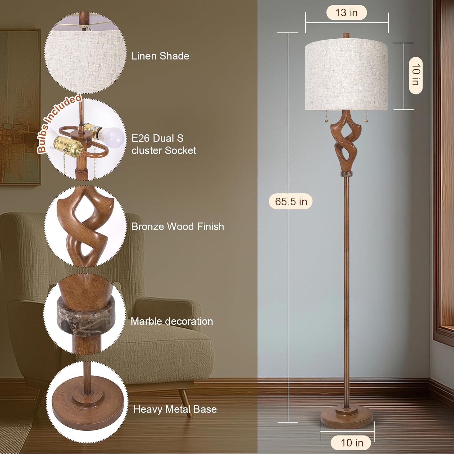 Scenekoy Sculptural 65.5” Floor Lamp for Living Room Bedroom, Bronze Wood Finish & Resin Body, Pull Chains Switch Standing Lamp, Brightness Adjustable Corner Lamp with Bulb Prefer for Home Office Bar