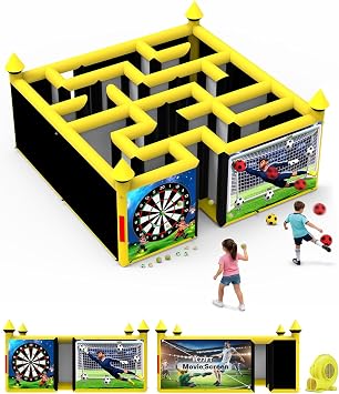 3 in 1 Inflatable Maze 16.5x16.5FT with 950W Blower for Multiple Challenging Games, Inflatable Maze & Soccer Dart Board & Movie Screen from Day to Night Yellow