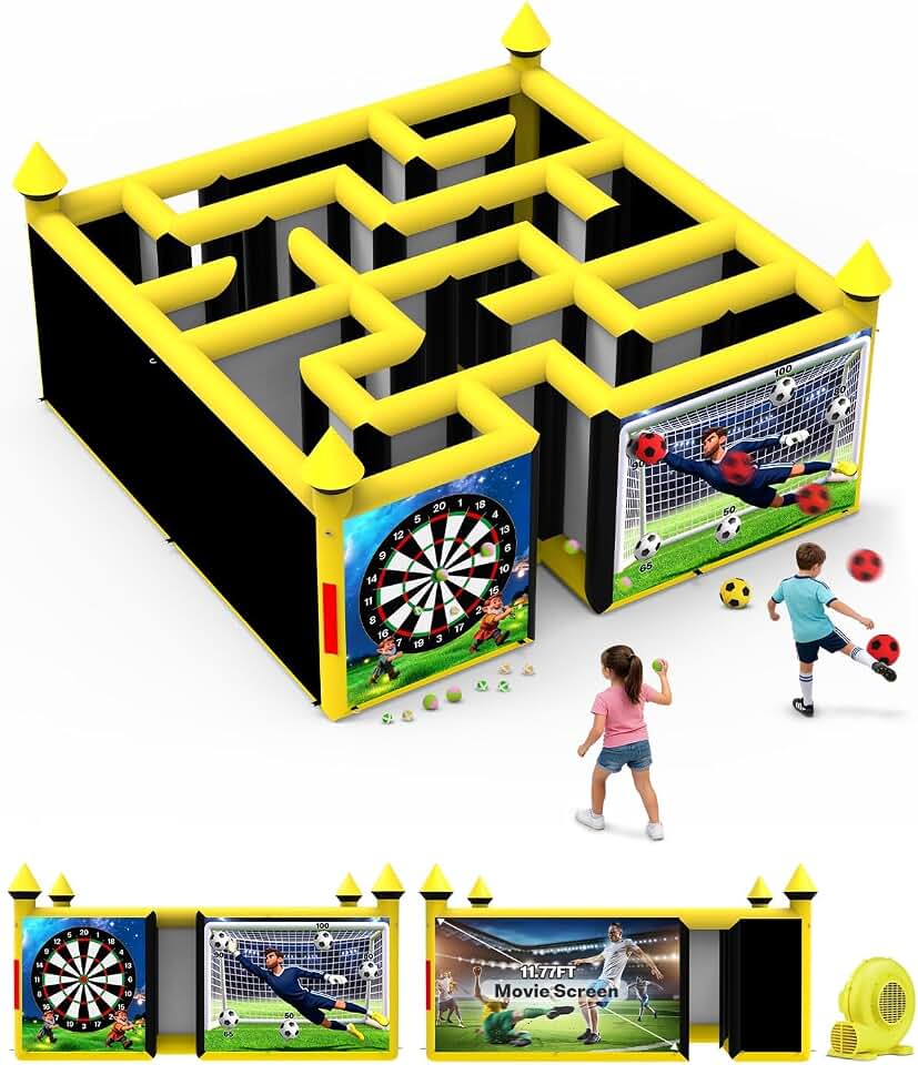 3 in 1 Inflatable Maze 16.5x16.5FT with 950W Blower for Multiple Challenging Games, Inflatable Maze & Soccer Dart Board & Movie Screen from Day to Night (Yellow)
