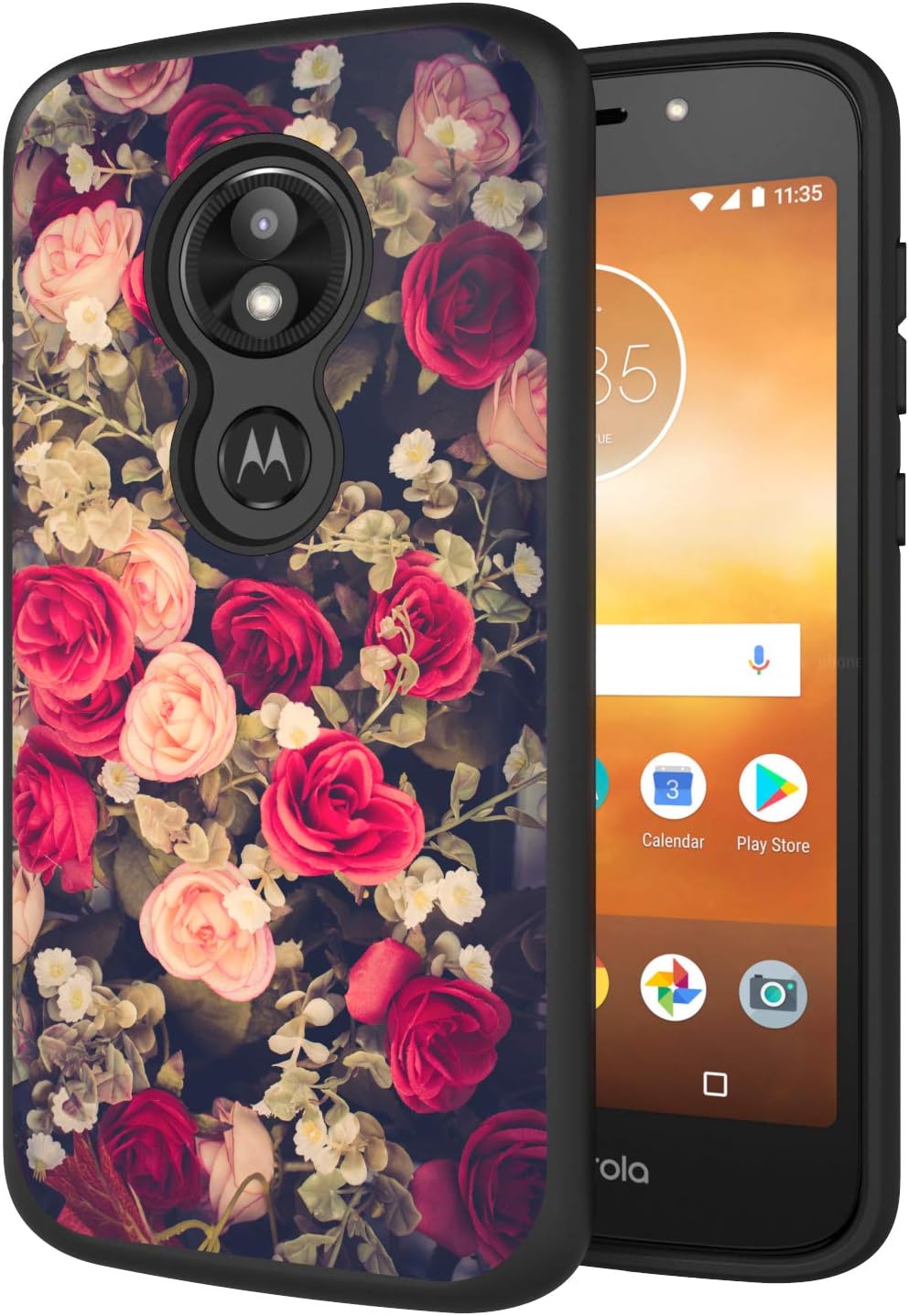 Moto E5 Play Phone Case, Drop Protection Hybrid Dual Layer Armor Protective Case Cover for Motorola Moto E5 Cruise Rose Flowers
