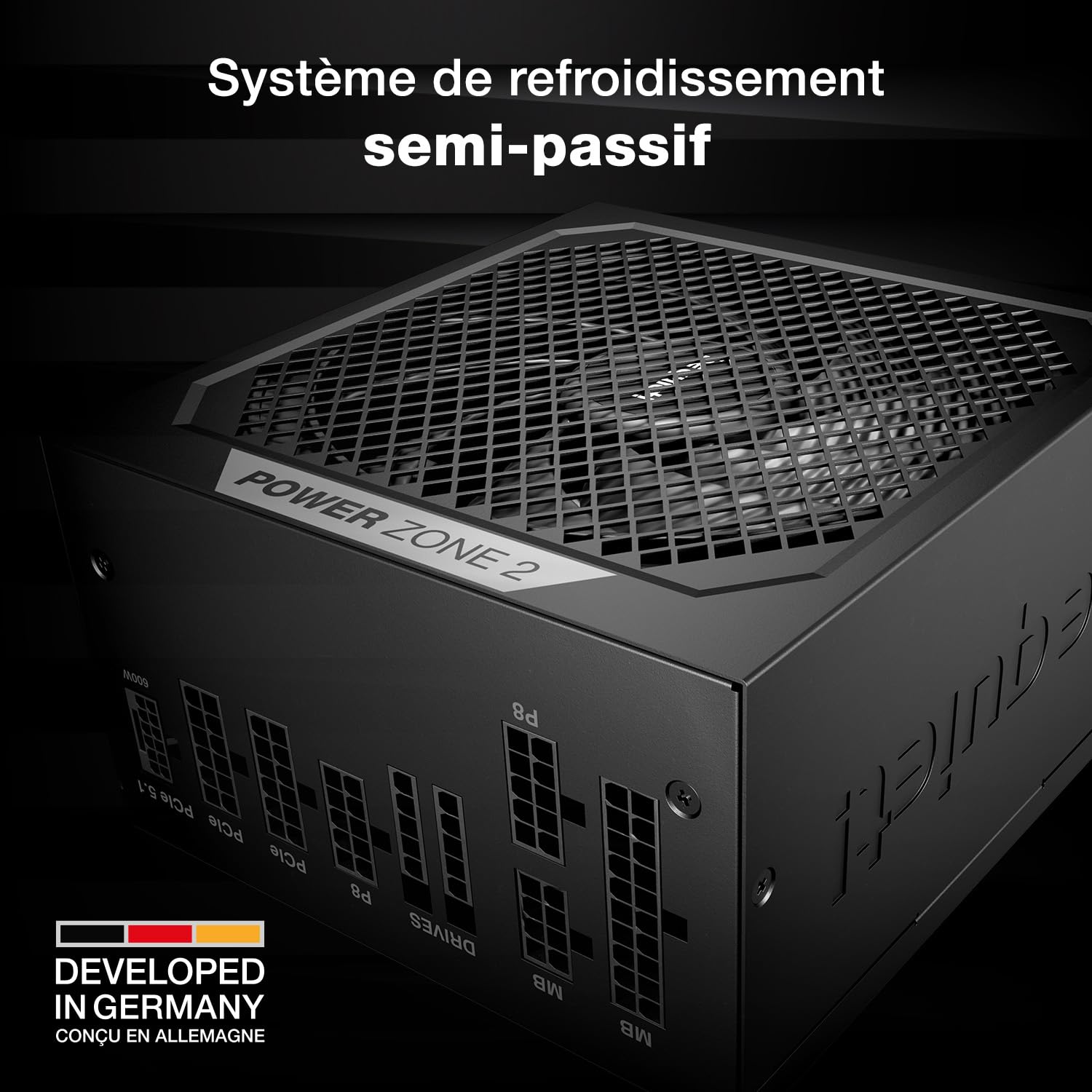 be quiet ! Power Zone 2 1000 W Bloc d’Alimentation, certifications 80 Plus® Platinum et Cybenetics Platinum, système Semi-Passif, Ventilateur Pure Wings 3 140 mm, connecteur 12V-2x6 coudé à 90°