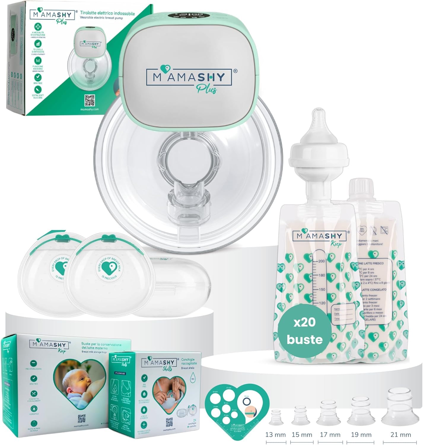 MAMASHY Plus BOX – Tiralatte Elettrico Indossabile Silenzioso con 6 Taglie, 20 Sacchetti Latte, 2 Coppette Raccogli Latte, 5 Adattatori BPA‑Free, Allattamento Neonato, Portatile, Accessori Inclusi