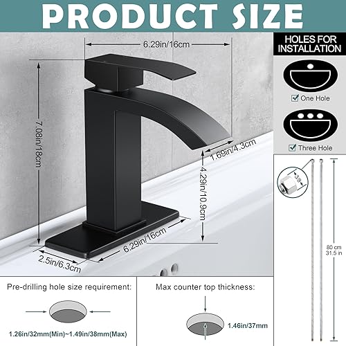 Miniatura 2 de Homikit Grifo de baño de cascada negra para fregadero de 1 o 3 agujeros, grifo de lavabo de baño negro mate con drenaje desplegable, grifos de