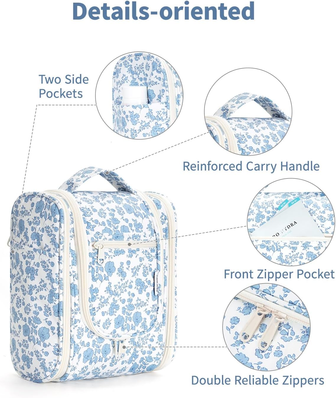 Narwey Hanging Toiletry Bag Women Travel Makeup Bag Organizer Toiletries Bag for Travel Size Essentials Accessories Cosmetics (Medium,Little Blue Flower) - Image 6
