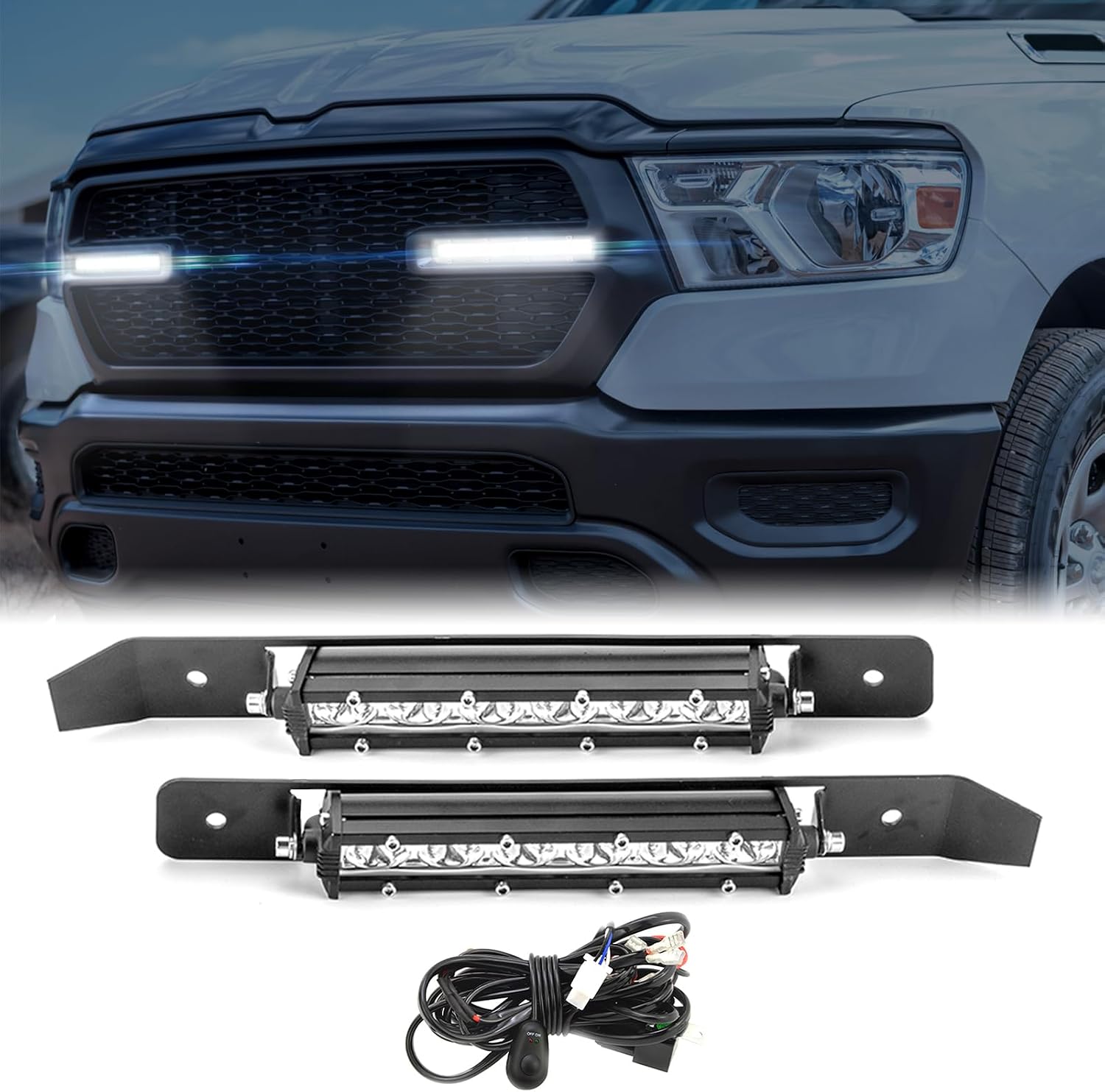 WeiSen Recessed LED Grille Light Bar Kit w/2pcs 6in Slim Single Row Straight Light Bar Compatible with Dodge Ram 1500 2019-2024 (Drilling Required)