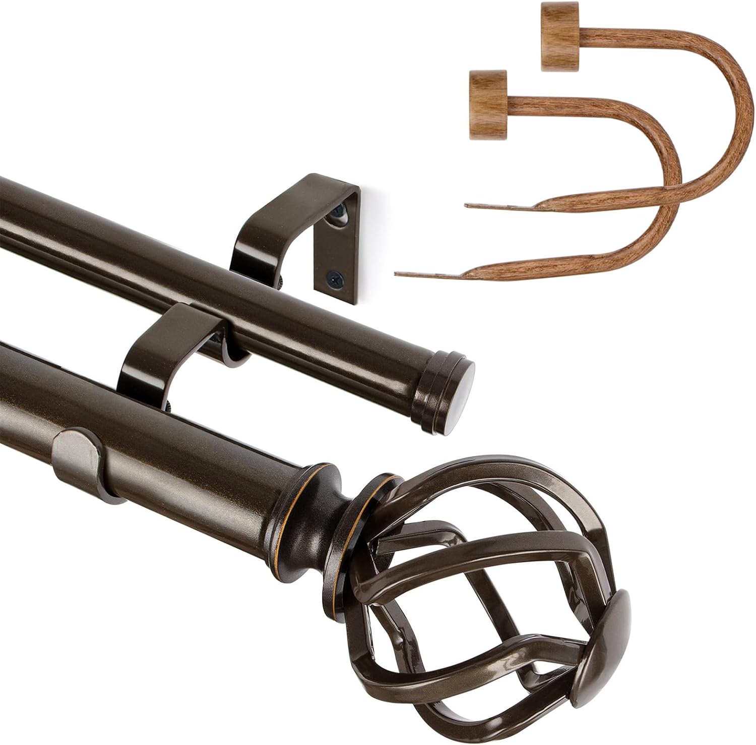 KAMANINA Bundle of 72-144" Antique Bronze Double Curtain Rod with Twisted Cage Ends and Wood Grain Curtain Holdbacks 1 Pair