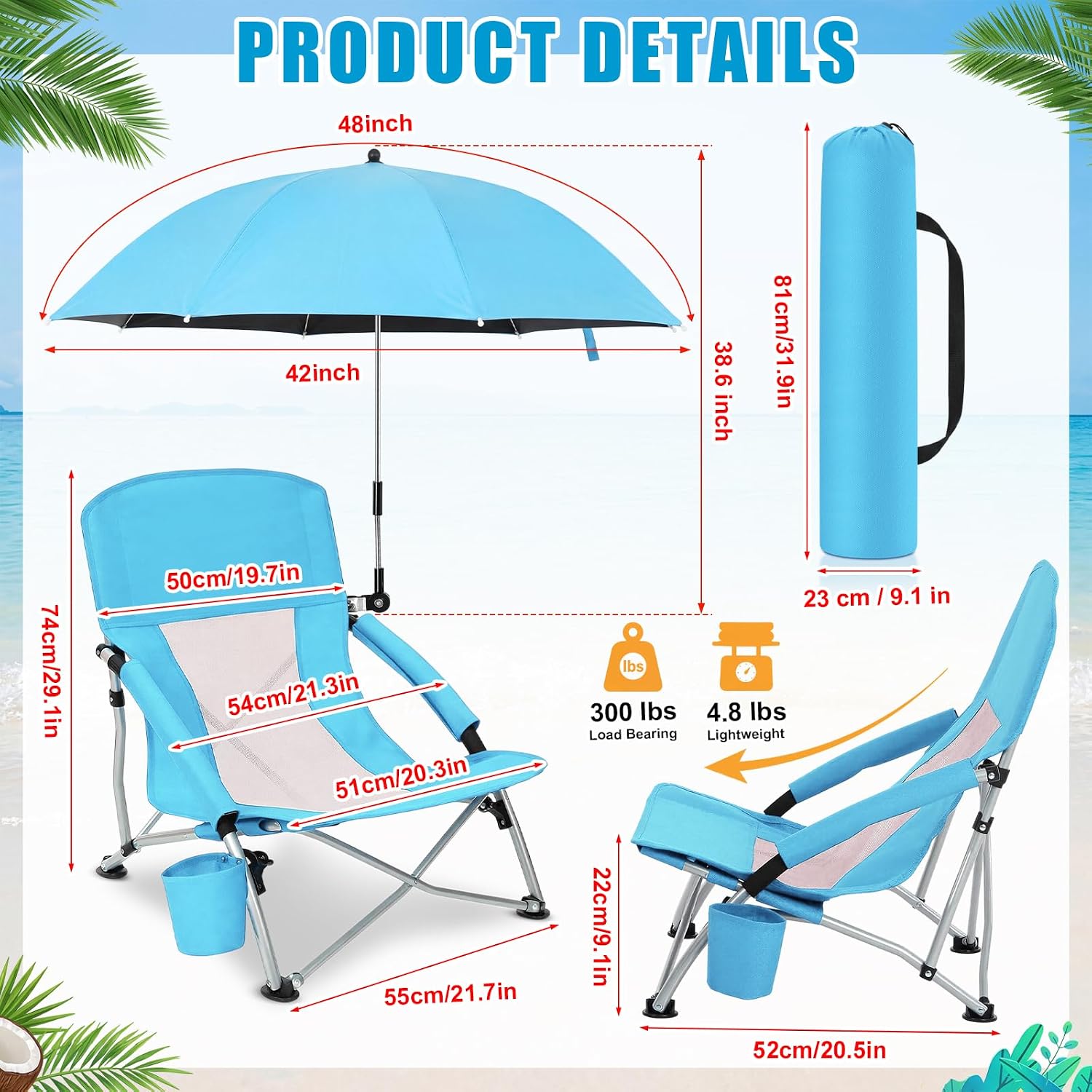 Lineshading 2 Pack Low Beach Chair with Umbrella for Adult, Lightweight Backpacking Folding Recliner Chairs with Carry Bag for Summer Beaches Tent Camping Picnics Barbecues Travel Outdoor (Blue)