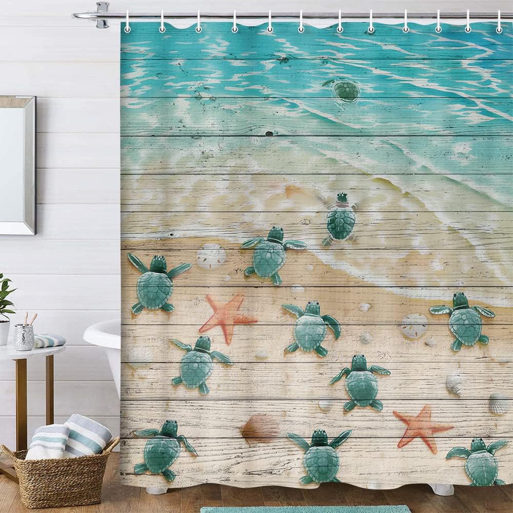 Sea Turtle Shower Curtain Kids, Turtles and Starfish at Ocean Sandy Beach on Rustic Vintage Teal Wood Board Farmhouse Shower Curtain for Bathrrom, Sea Creatures Nautical Life Bath Curtain, 70"X84"