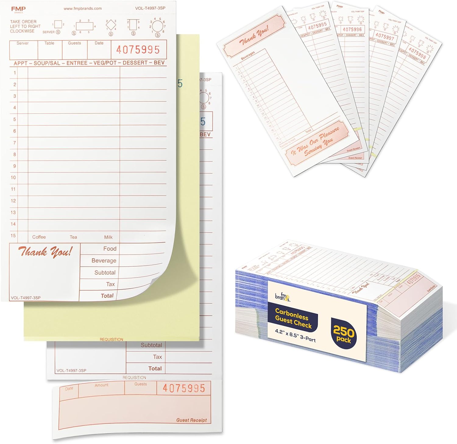 FMP Brands 3 Part Carbonless Guest Checks Pads, Perforated Server Note Pads Paper Total 250 sheets for Waitress Book, Waiter Food Receipt, and Business Checkbook with Guest Receipt