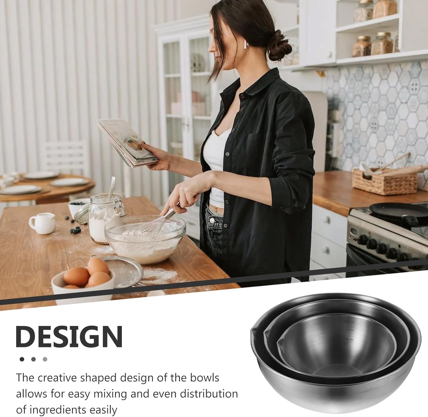 3pcs Stainless Steel Shallow Mixing Bowls for Kitchen Prep, 20cm 24cm 28cm Metal Salad and Dough Bowls, Baking and Cooking Basins for Home Use