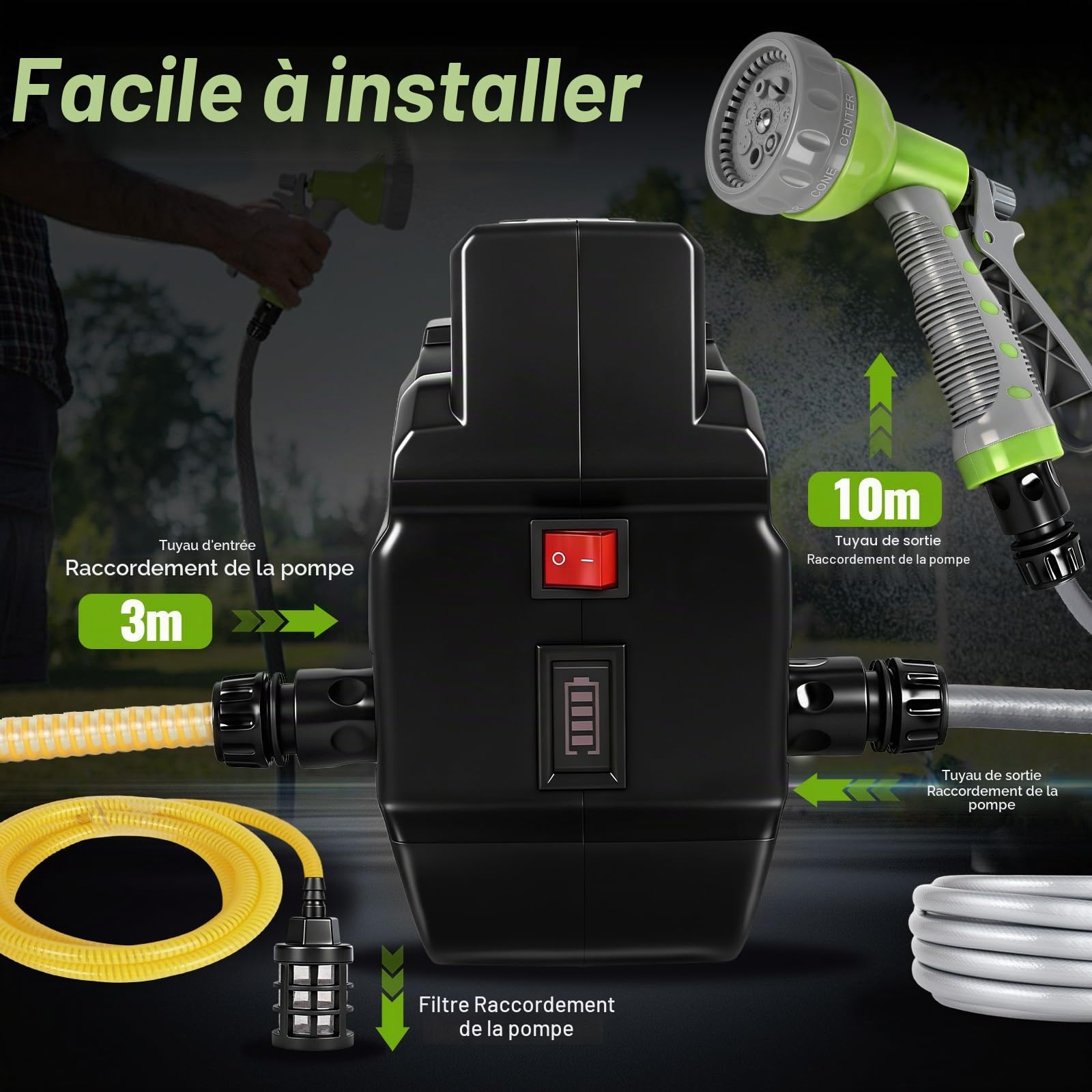 Roadtime Pompe à eau pour batterie Makita 18 V (sans batterie), pompe de jardin sans fil, pompe auto-amorçante portable, pompe d'arrosage 150 W avec tuyau de sortie d'eau de 10 m, tuyau d'entrée d'eau