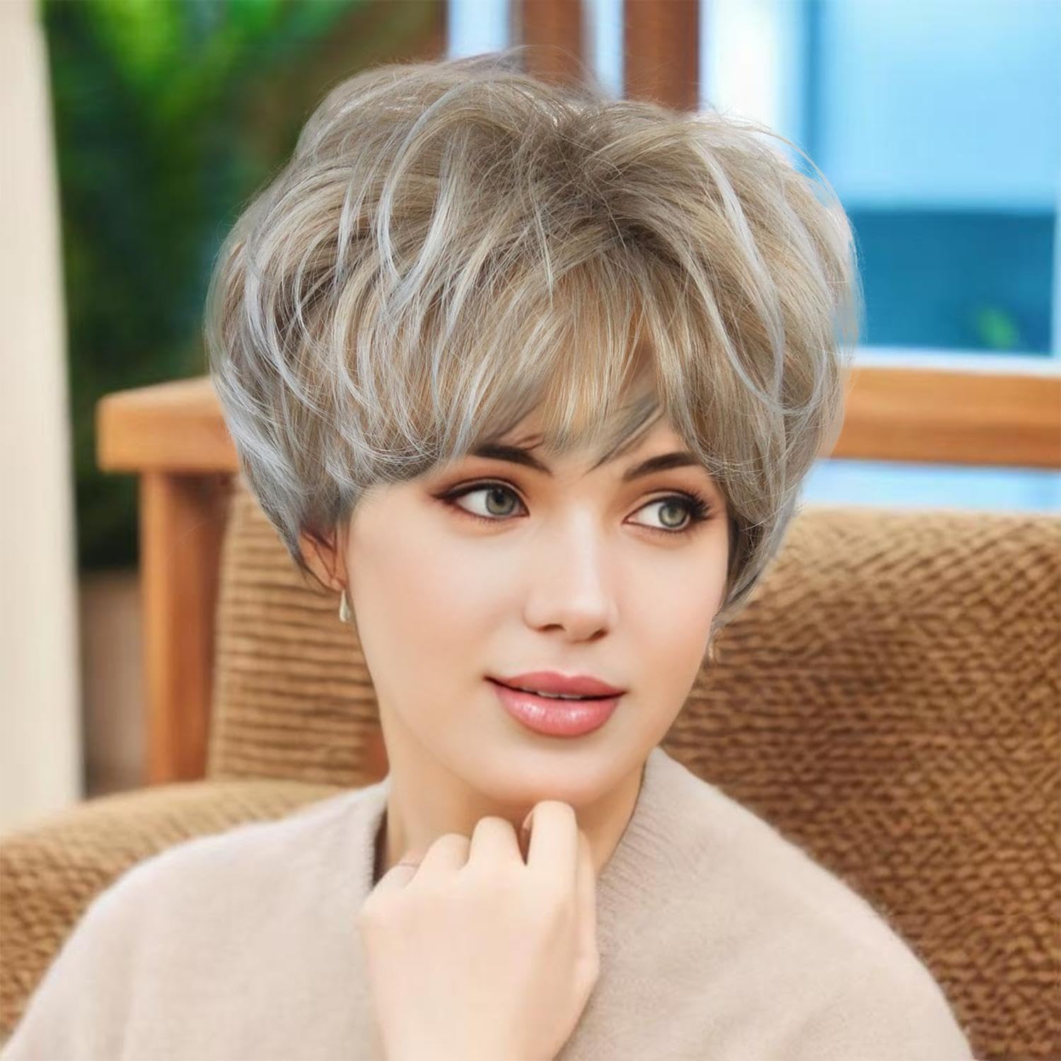 1 szt. Blond damska peruka z krótkimi włosami, ukośne grzywki, puszyste, wielowarstwowe krótkie włosy, odpowiednie do Cosplay, imprezy maskowej, imprezy muzycznej