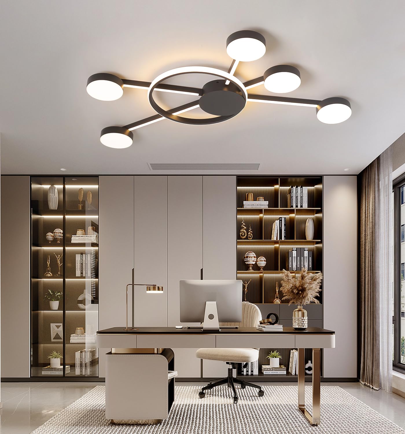 Moderne LED-Deckenleuchte Mode Runde Deckenleuchten Dimmbare Büro Deckenlampe Wohnzimmer Fernbedienung Deckenbeleuchtung für Schlafzimmer Arbeitszimmer Esszimmer (Schwarz L100 cm)