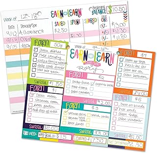 Earn & Learn Kids Money Management Chore Chart Pad | Dry Erase Board Savings Tracker | Teaching Kids How to Earn, Save, Share and Spend