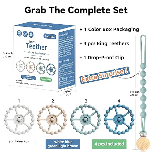 Miniatura 9 de Paquete de 5 elegantes juguetes de dentición de silicona para bebés 4 anillos de dentición y clip de silicona extra, mordedor para niños pequeños,