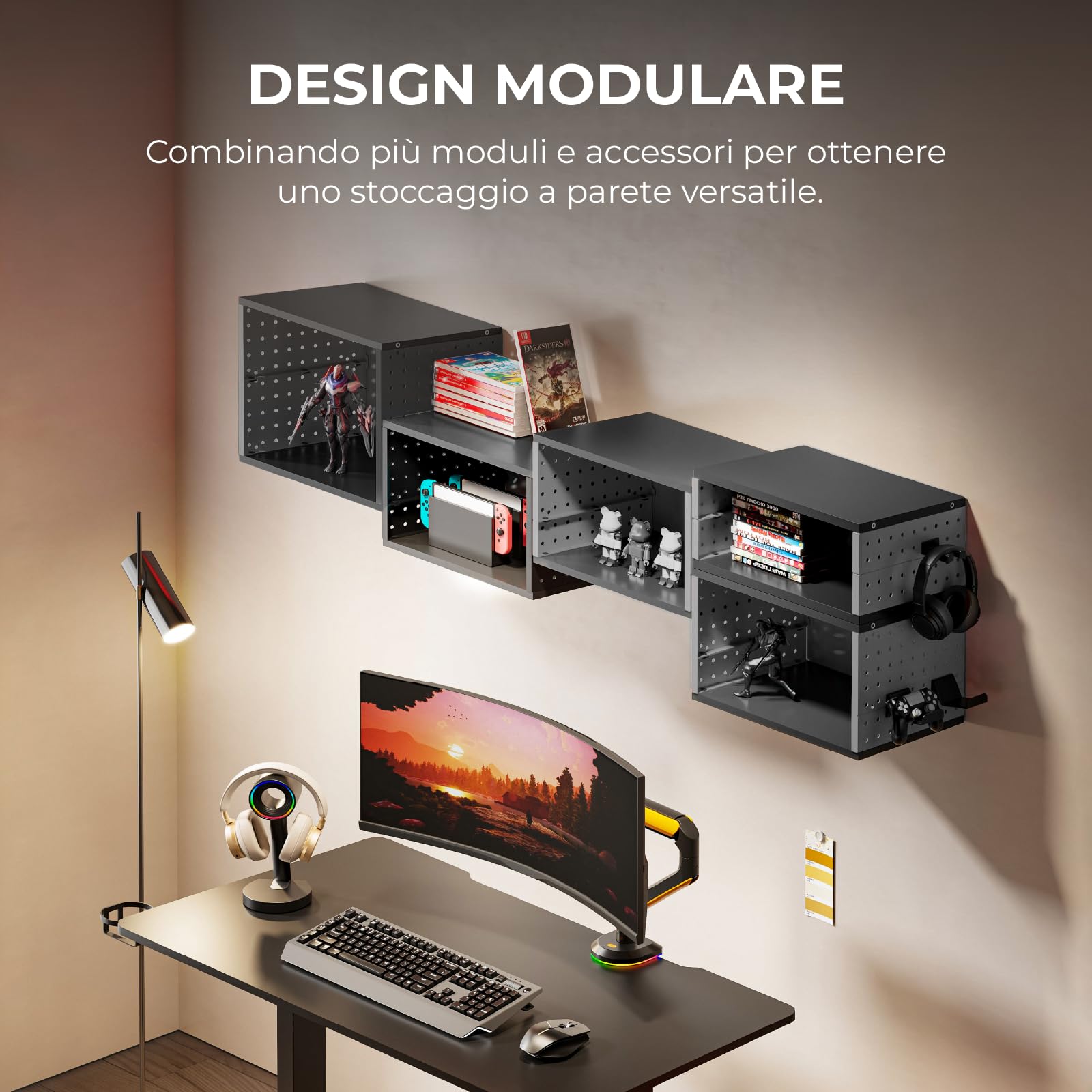 Noua Brawl Mobiletto a Muro Modulare con Pannelli Forati, Organizzatore da Parete per Accessori Gaming, Ufficio, Esposizione (405 x 304 x 262 mm)