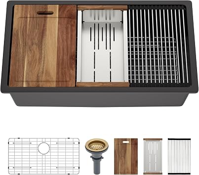 33X19 Inch Granite Composite Kitchen Ledge Workstation Sink Black