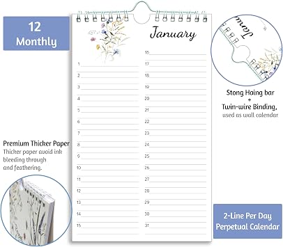 Perpetual Calendar Undated Calendar 12-Month for Birthday, Anniversaries, Important Days, Festivals Reminder, 6'' x 10'' with 2 Lines Per Days, Twin-wire Binding, Thicker Paper, Minimalist Flowers