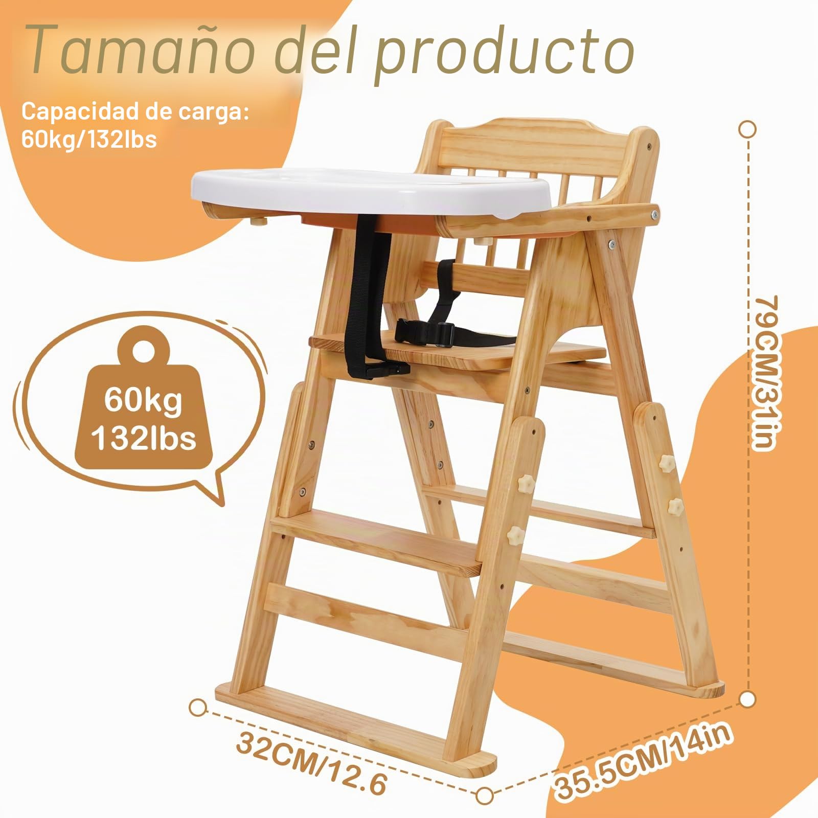 Trona bebé de Madera 4 en 1, Silla de Bebé para Comer con Altura Ajustable, Bandeja Desmontable, Asiento con Cinturón 3 Puntos, De 6 meses a 10 años, Madera natural