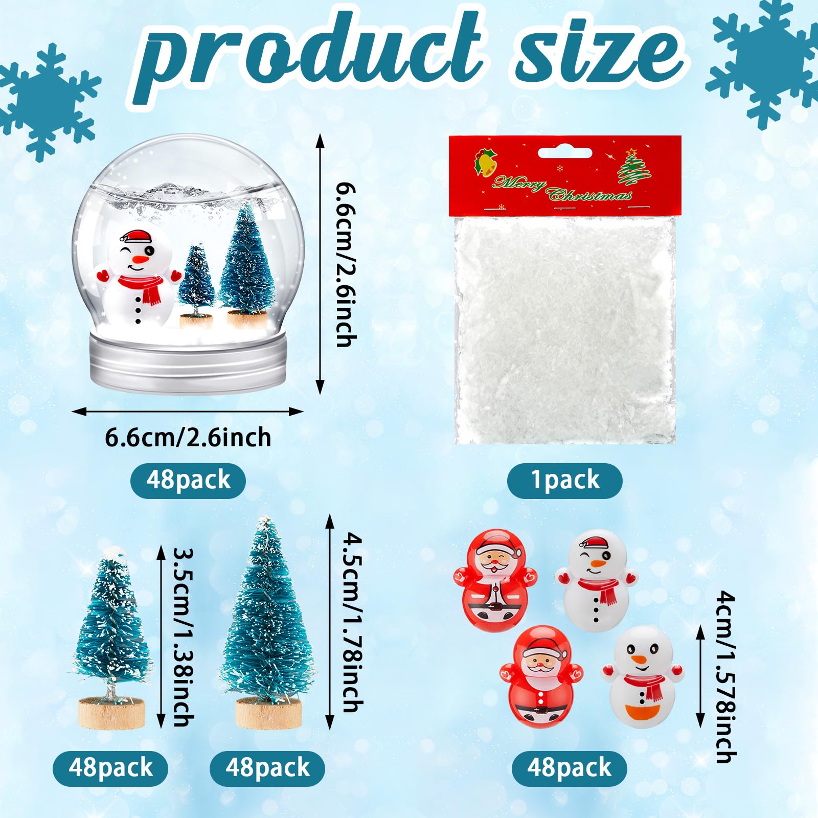 Libima Lot de 48 boules à neige en plastique comprenant 48 boules à neige transparentes, 96 mini arbres de Noël, 48 bonhomme de neige miniature et Père Noël avec neige artificielle pour loisirs