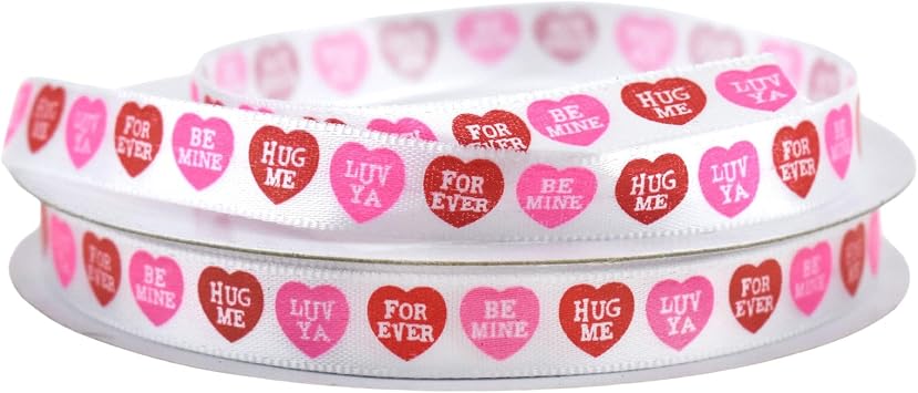 HOMEFORD Valentines Day Candy Hearts Satin Ribbon, 3/8-inch, 10-Yard, White
