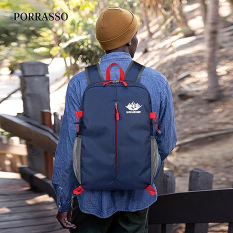 PORRASSO wandelrugzak, vouwbare dagrugzak 20L, lichtgewicht waterdichte rugzak voor vrouwen, mannen, kamperen, trektochten, fietsen, klimmen, outdoorsporten, Zwart, L
