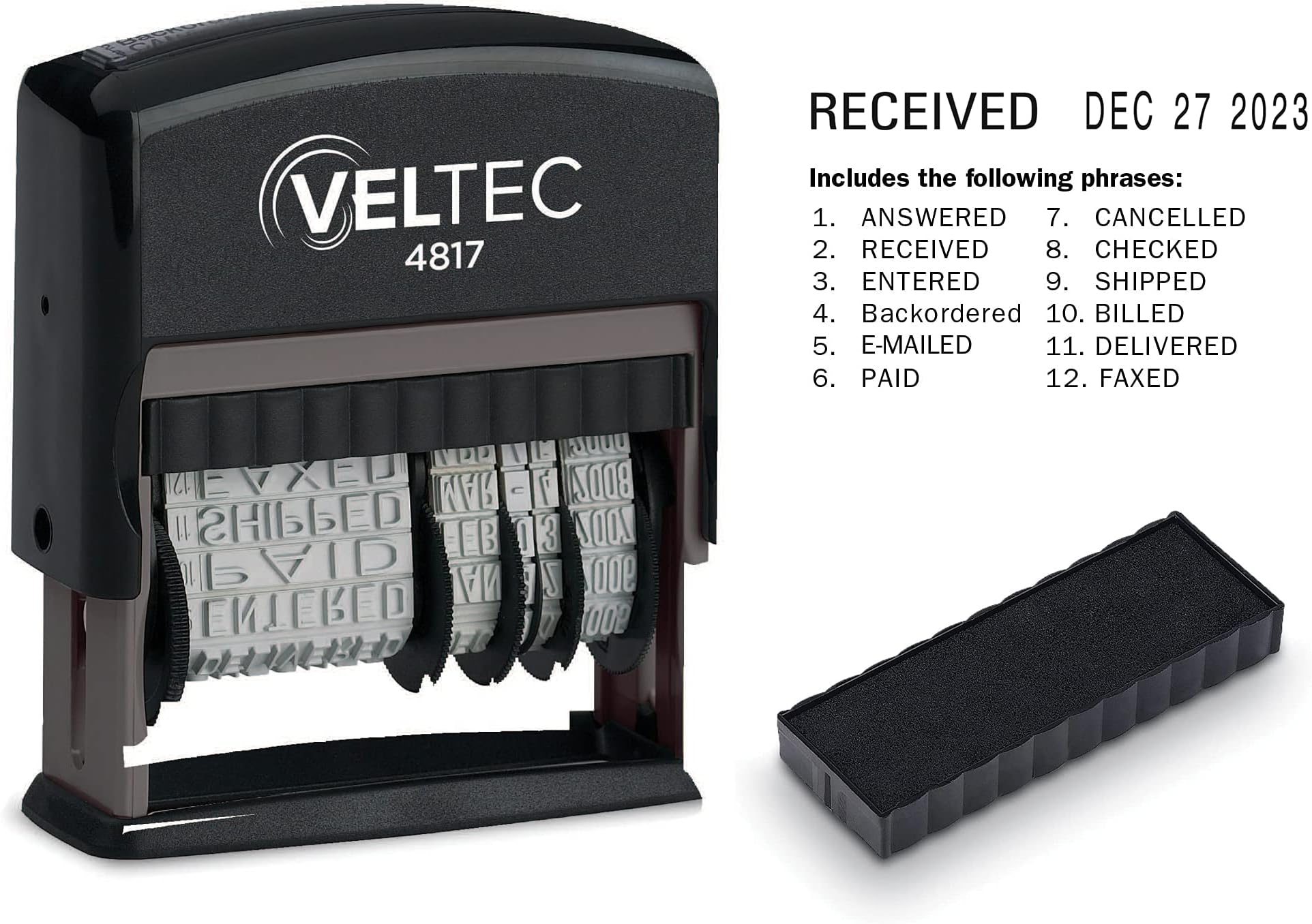 Veltec 4817 Date Stamp with 12 Changeable Messages (Black)