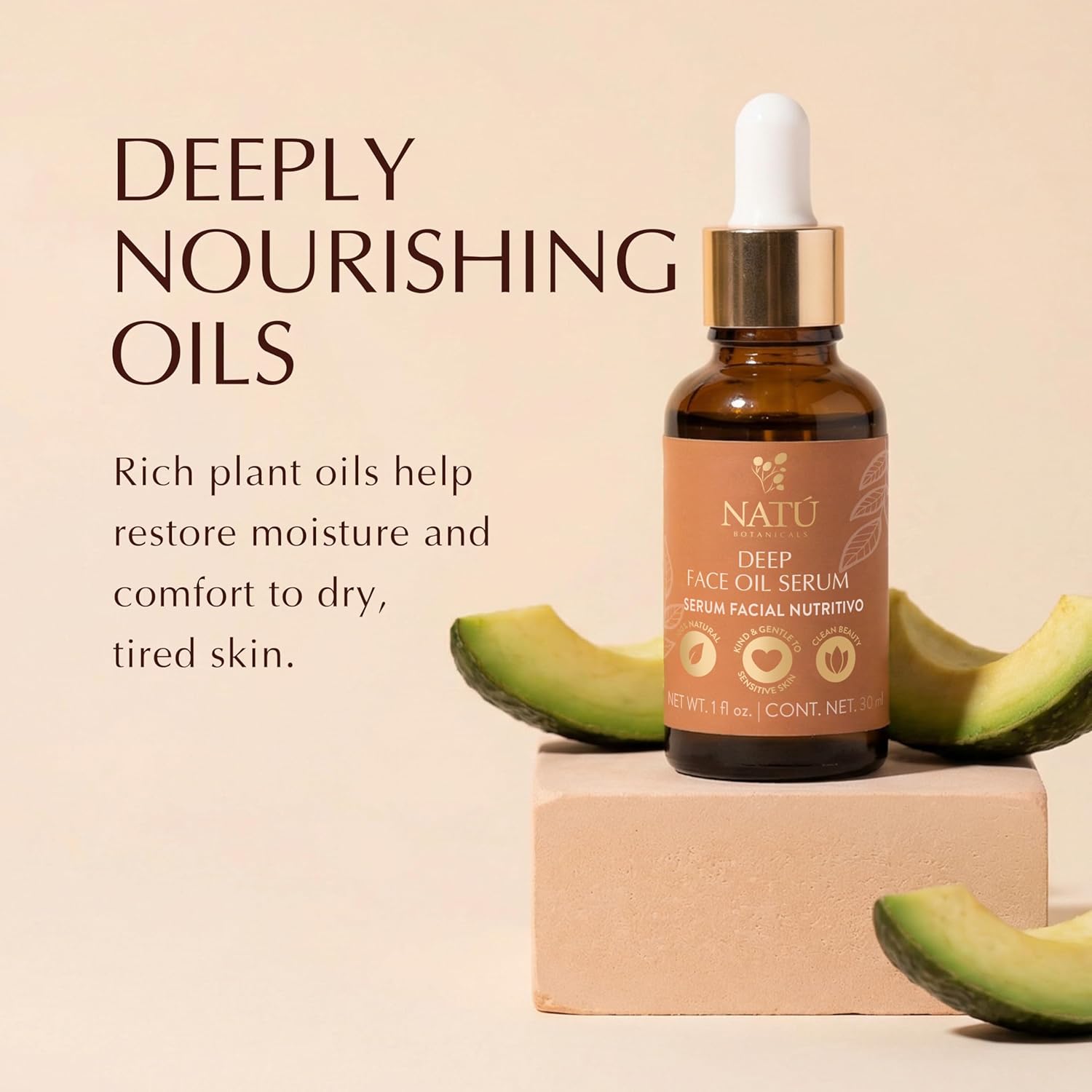 NATÚ BOTANICALS Deep Face Oil Serum for Normal to Dry Skin - Rich Botanical Face Serum with Avocado & Tea Tree Oil - Nourishing, Naturally Scented, and Clean Beauty, 1 fl oz - Image 5