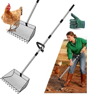 2-in-1 Chicken Poop Scooper & Rake, 12 Inch Large Metal Shovel Head, Chicken Litter Scoop with Adjustable Handle for Chicken Coop & Pet Waste Cleaning (37 to 65"), US Patent Pending (Black)