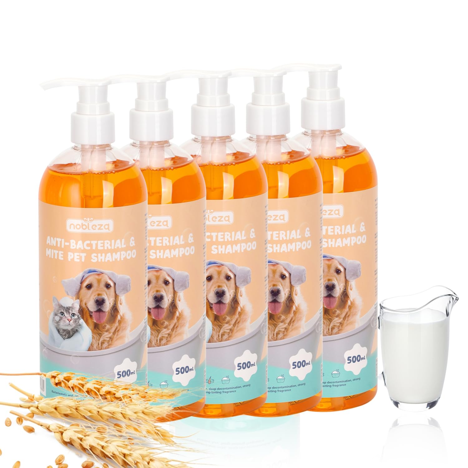 Nobleza 5 x 500ML Champú para Perros y Gatos de Agua con Citronela Hipoalergénico,Calma Champú Repelente Antipulgas E Insectos con Fragancia de Leche y Avena 2.5L
