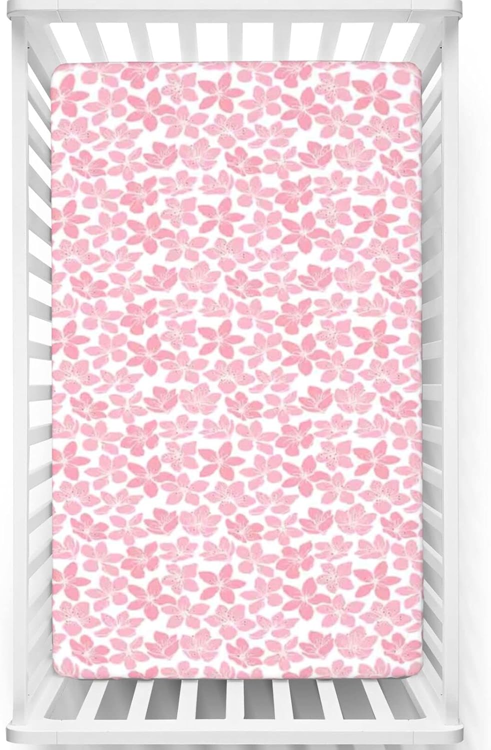 Cherry Blossom Themed Fitted Mini Crib Sheets,Soft Toddler Mattress Sheet Fitted - Great for Boy or Girl Room or Nursery,Pale Pink White Ruby,38“ x24“
