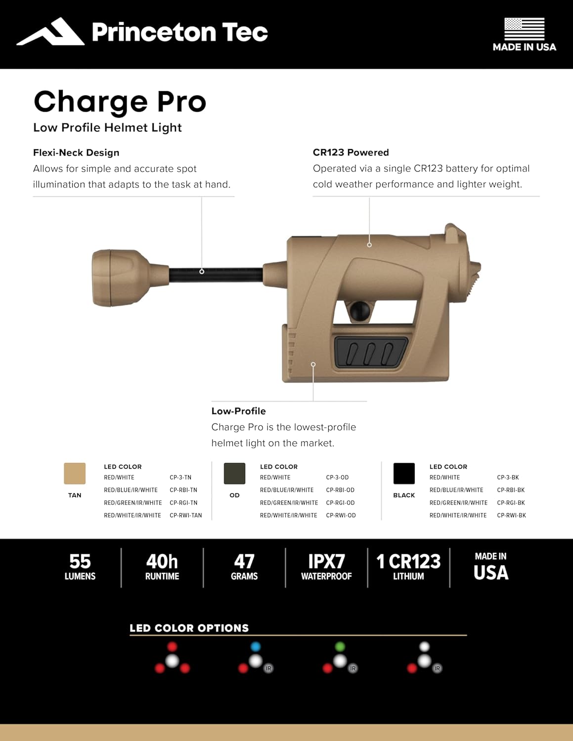 Princeton Tec Charge PRO Tactical White + Red Maxbright LED Low-Profile Task Light with Flexible Neck, 55 Lumens, Water-Resistant, Essential Accessory for Fire Rescue, Military, Outdoors and Safety, Tan