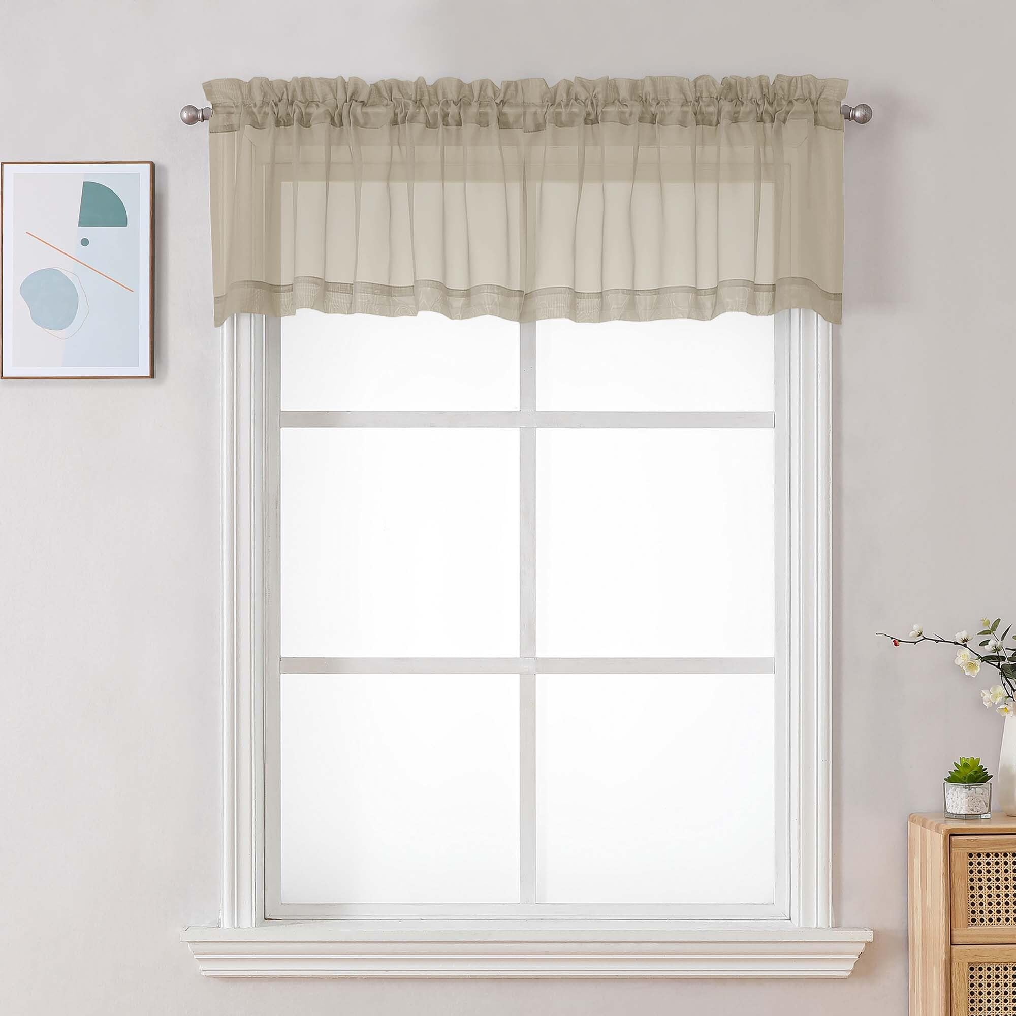 Chyhomenyc Taupe Sheer Valances for Windows - Light Filtering Small Kitchen Curtains, Rod Pocket Short Top Window Treatment Decor for Living Room Bathroom Basement, 42Wx16L inches, 2 Panels