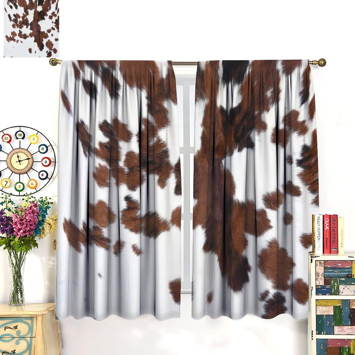 Cow Print Curtains, Brown White Rustic Animal Cowhide Pattern, Bedroom Living Room Blackout Noise Reduction Curtains42X54 Inch