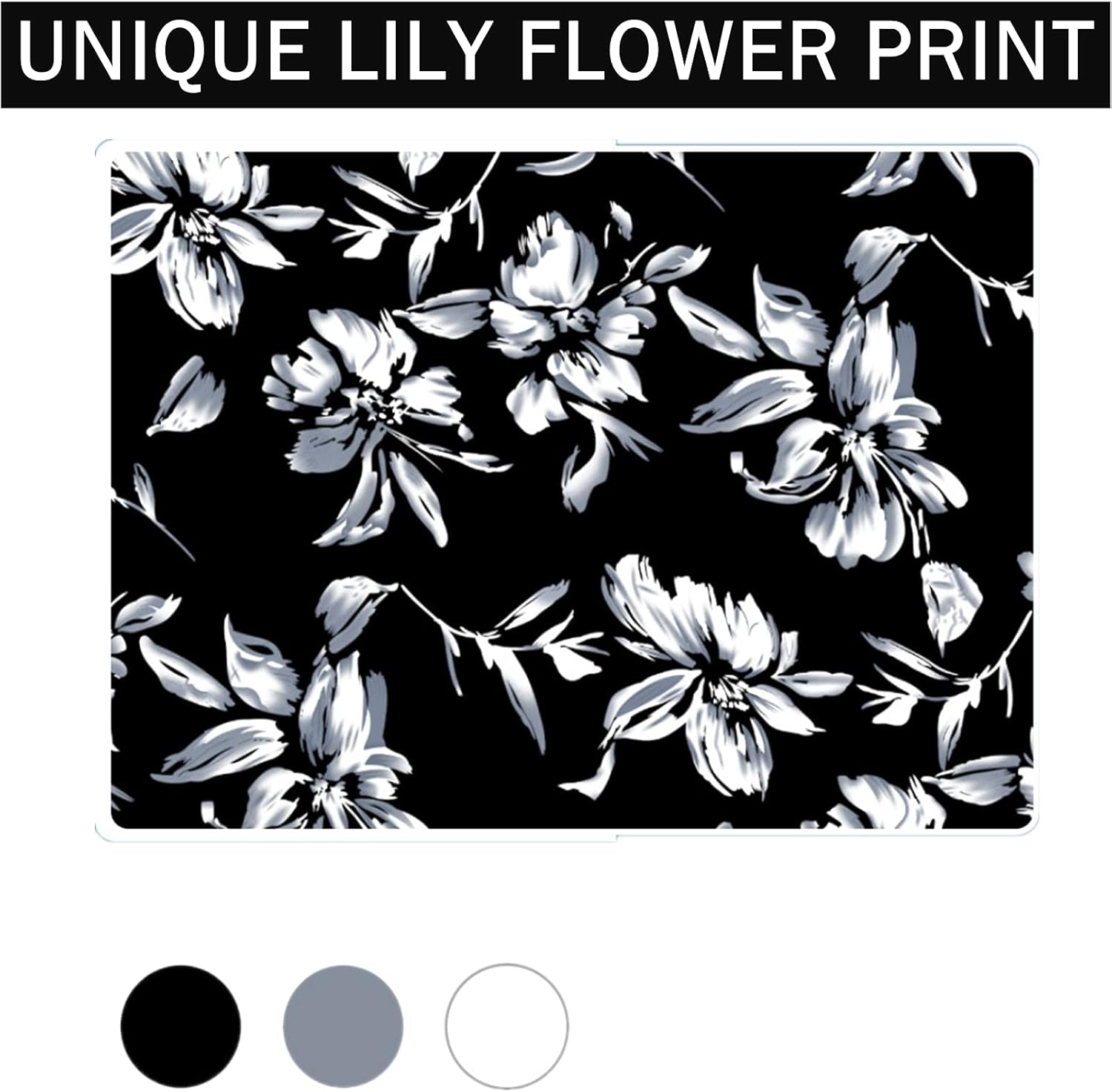 Rectangle Ottoman Cover – Stretchable Slipcover with Lily Flower Print, Non-Slip Fabric for Footstool, Pouf, or Bench, Machine Washable (Black, Large)