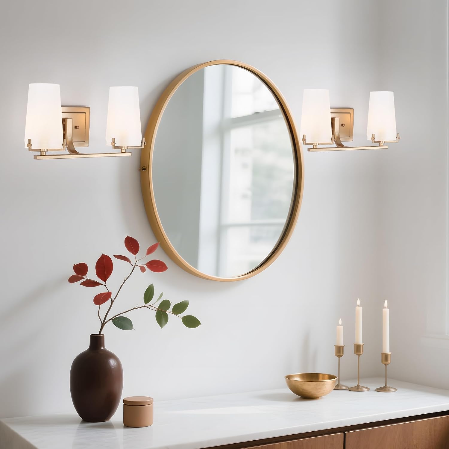 Gold Bathroom Vanity Lights, 2 Light Frosted Glass Bathroom Light Fixtures Over Mirror Modern Bedroom Wall Mount Sconce for Kitchen, Hallway