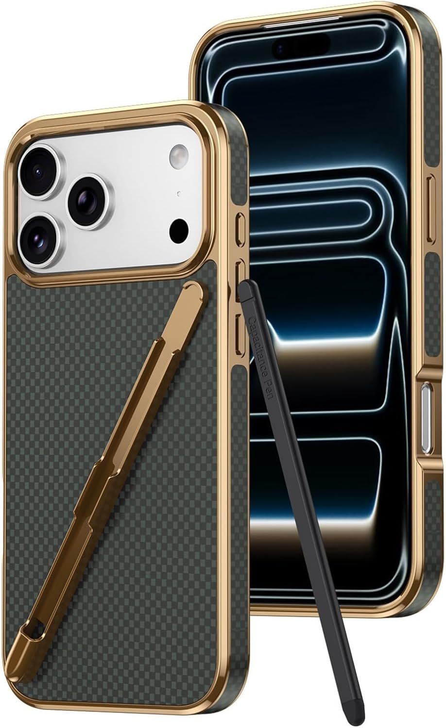 Minimalist Carbon Fiber Texture Case for iPhone 17/17 Air/17 Pro Max, with Pen & Pen Slot, Shockproof Protection PC Cover(Green,17 Pro)