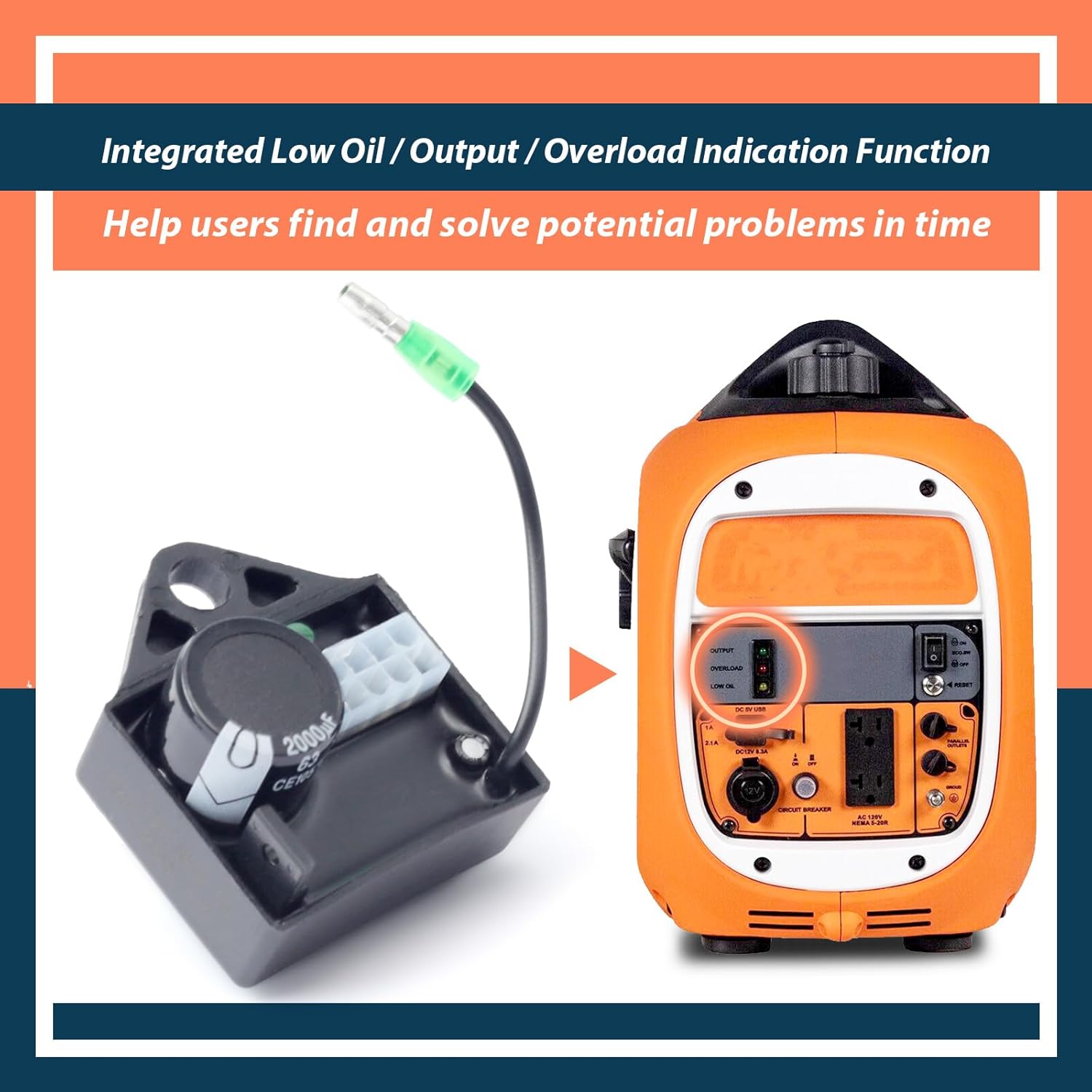 Low Oil/Output/Overload Light Indicator Module Replacement for Sigma Model SG2400iS 2400 Peak Watts/1800 Running Watt Portable Inverter Generator, with CO Sensor
