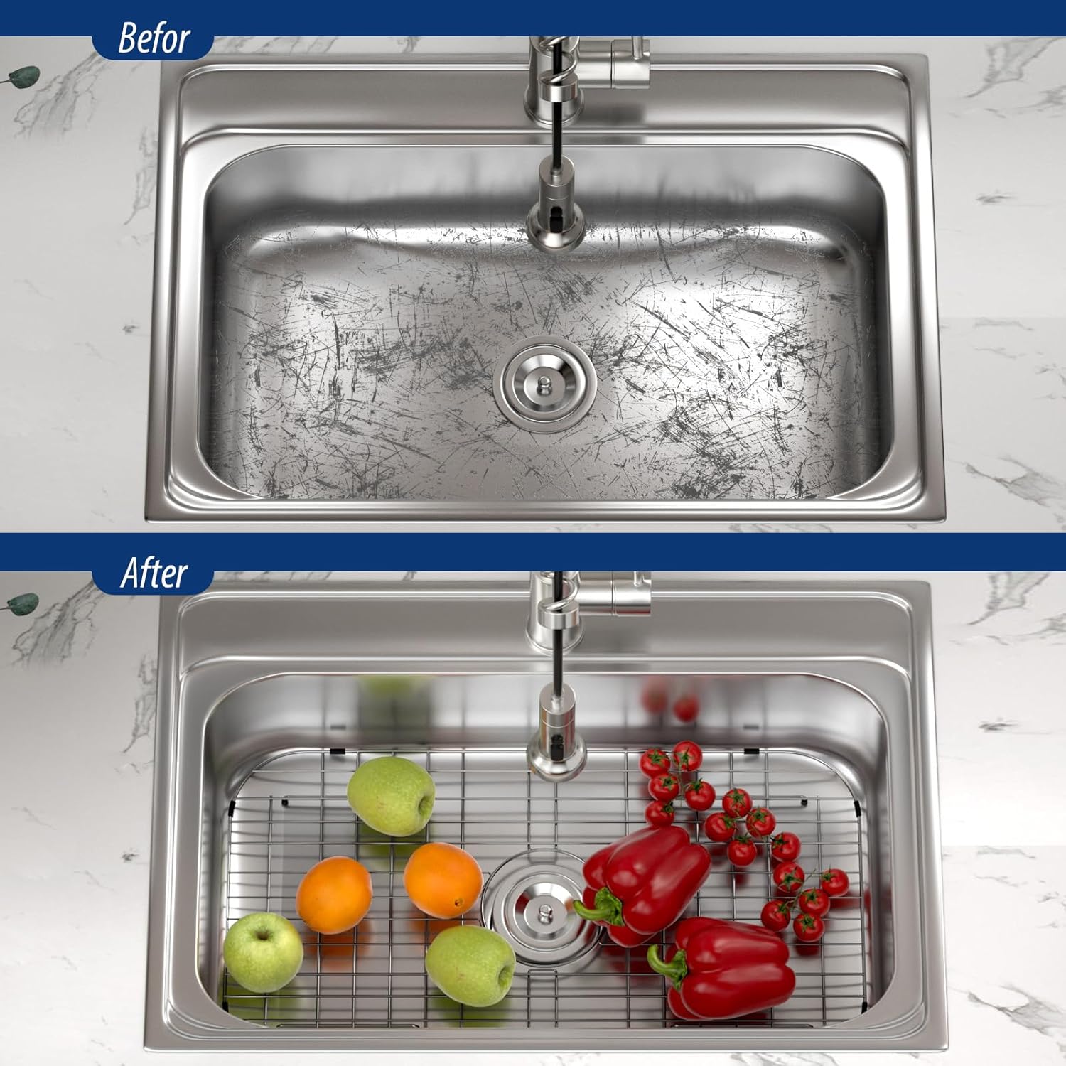 Sarlai Sink Protectors Grid, Stainless Steel Sink Grate for Bottom of Kitchen Sink, 26" x 14-1/9" with Centered Drain 304 Premium Stainless Steel Protector Grid Grate Rack