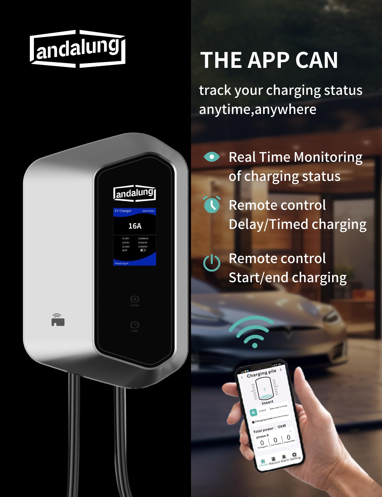 11 kW 380-440V trójfazowa ładowarka EV, typ 2, 6–16 A, kabel 10 m, WiFi i Bluetooth, IP65, odpowiednia do wszystkich pojazdów elektrycznych
