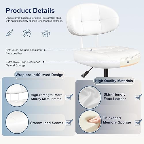 Miniatura 5 de Misolant Silla de tocador con respaldo, pequeña silla de oficina sin brazos con ruedas y soporte lumbar, cómodas sillas de escritorio de piel