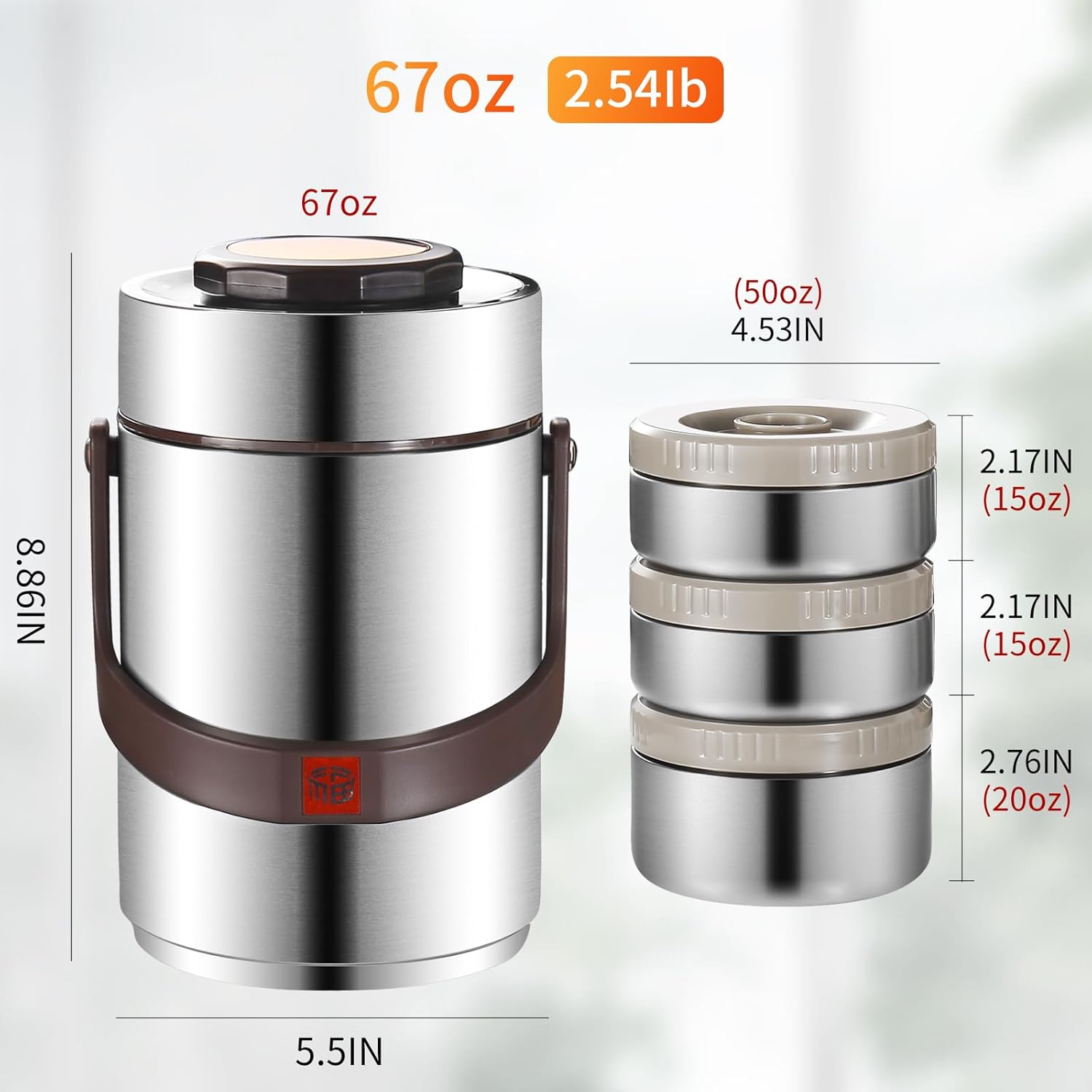 67 Oz Adults Stainless Steel Vacuum Soup Thermo For Hot Food with Inserts Stackable Bento Box and Lunch Bag,Width Mouth Portable Nsulated Food Jar Lunch Container (silvery, 67 oz)