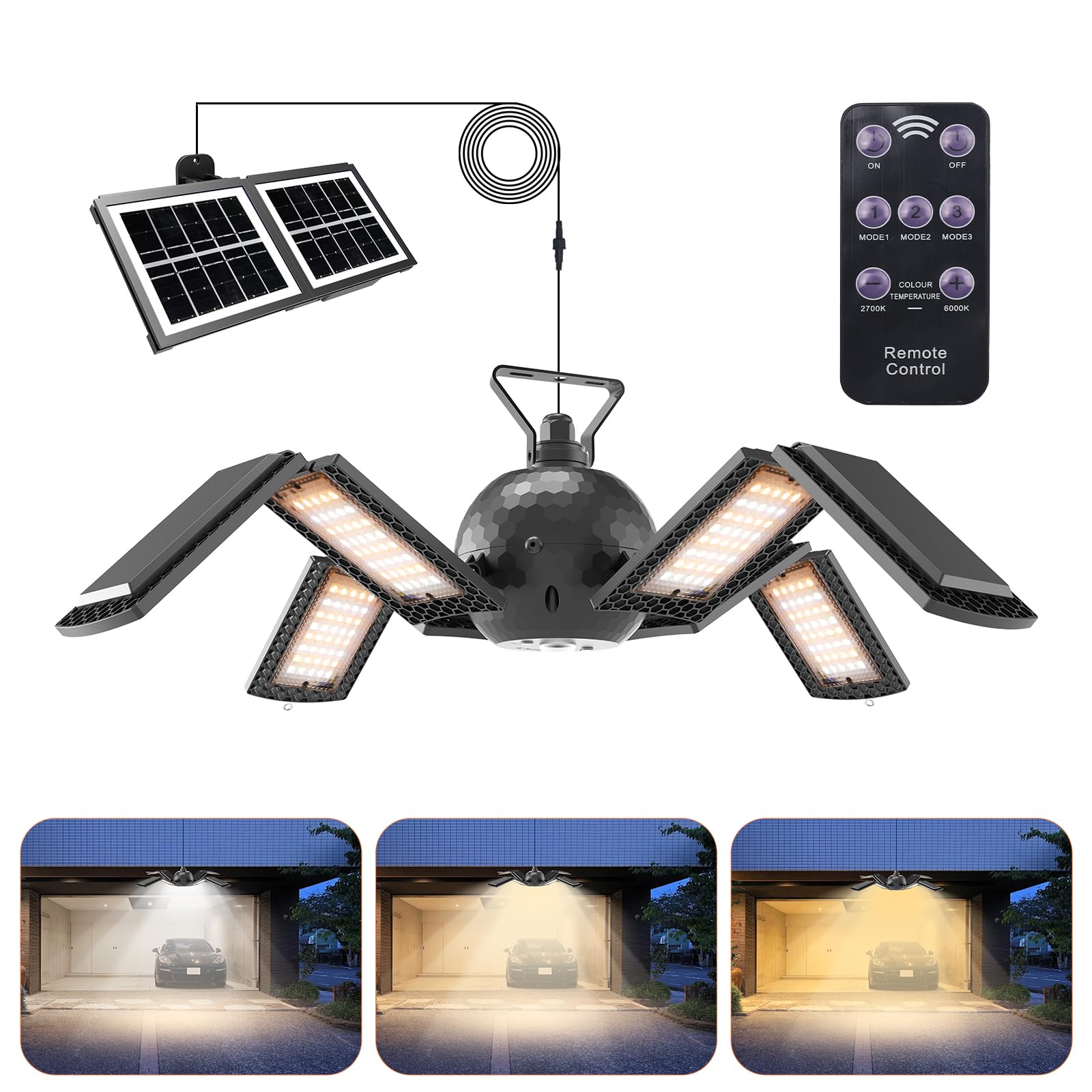 flowlamp Solar Shed Light Indoor Outdoor, 1100LM 320LED Solar Pendant Light, Solar Lights Collapsible with Motion Sensor, Remote Control, IP65 Waterproof, for Home Patio, Gazebo, Corridor, Garage
