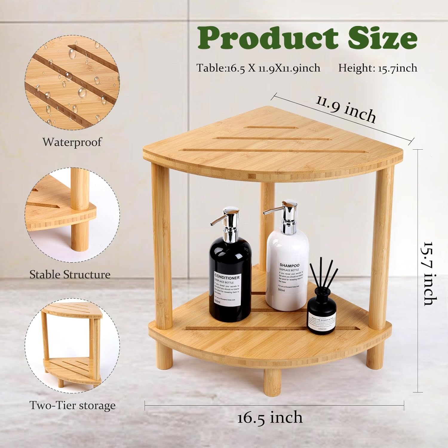 Bamboo Corner Shower Stool,Waterproof Shower Stool for Inside Shower Shaving Leg,Small Spaces,Shower Foot Rest with Storage Shelf,Corner Shower Bench Caddy,Bath Seat,Gifts For Women Mom