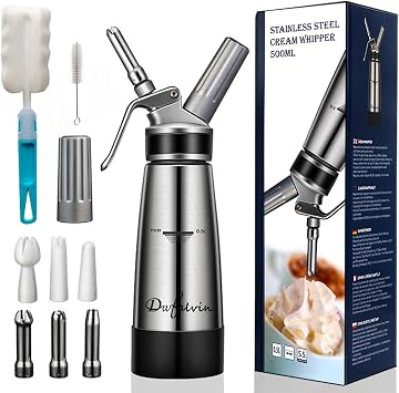 Whip Cream Dispenser - Professional Grade Whipped Cream Maker - 500ml 1 Pint Stainless Steel Whip Siphon - Cream Whipper/Silicone Grip Easy Handle - 6 Pcs Decorative Nozzles