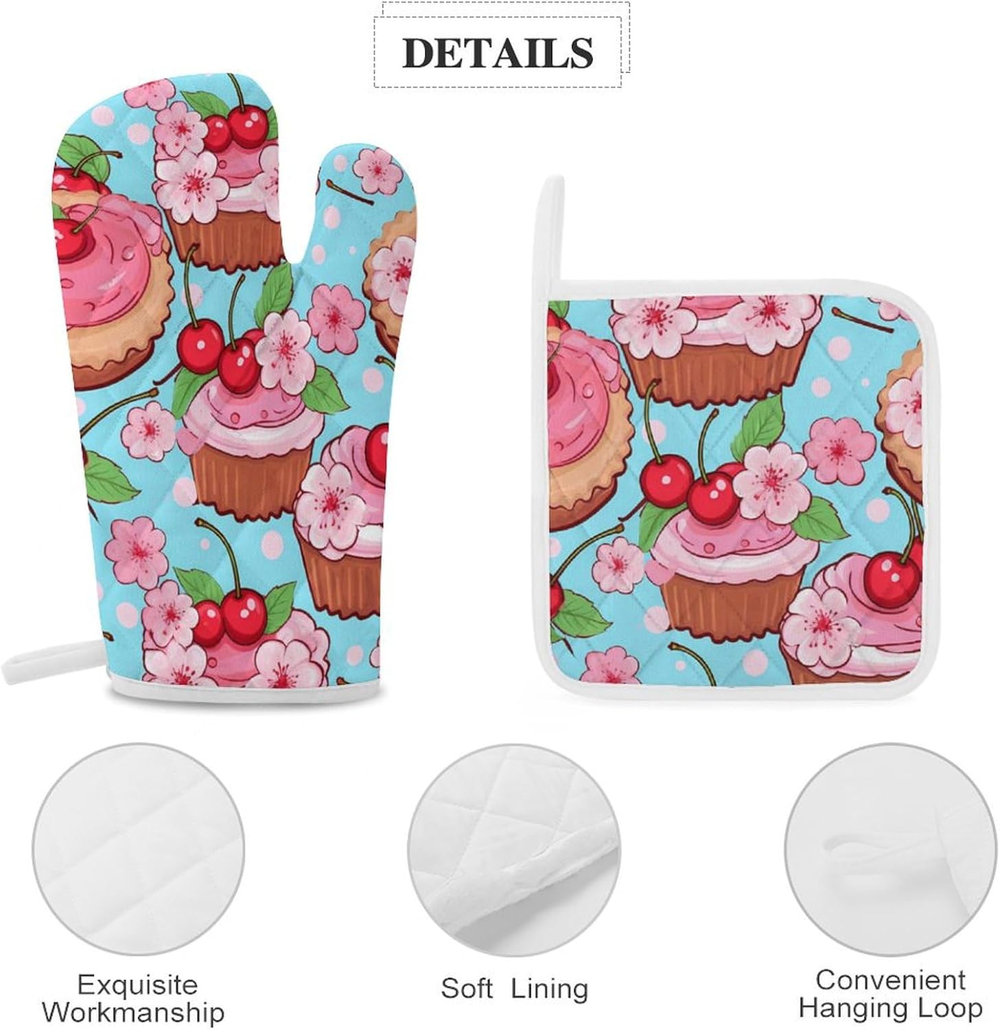 Cute Cupcakes 4 Pcs Oven Mitts and Pot Holders Set High Heat Resistant Long Kitchen Oven Glove Potholders