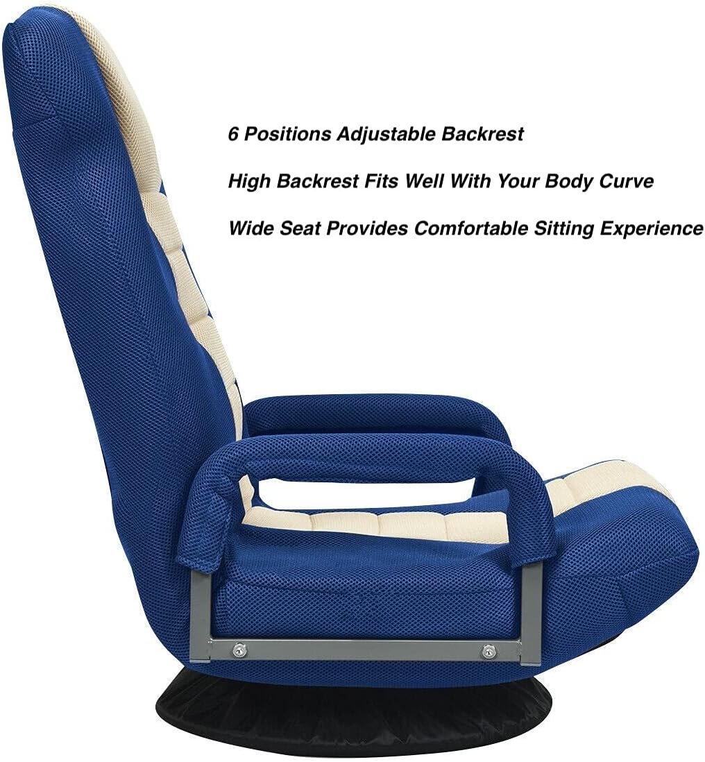 Blue Video Gaming Chair Floor Chaise Lounge Folding Chair 6 Adjustable Backrest Position 360 Degree Swivel Base Iron Frame Suitable For Playing Games Watching TV Reading Books Entertaining Guests